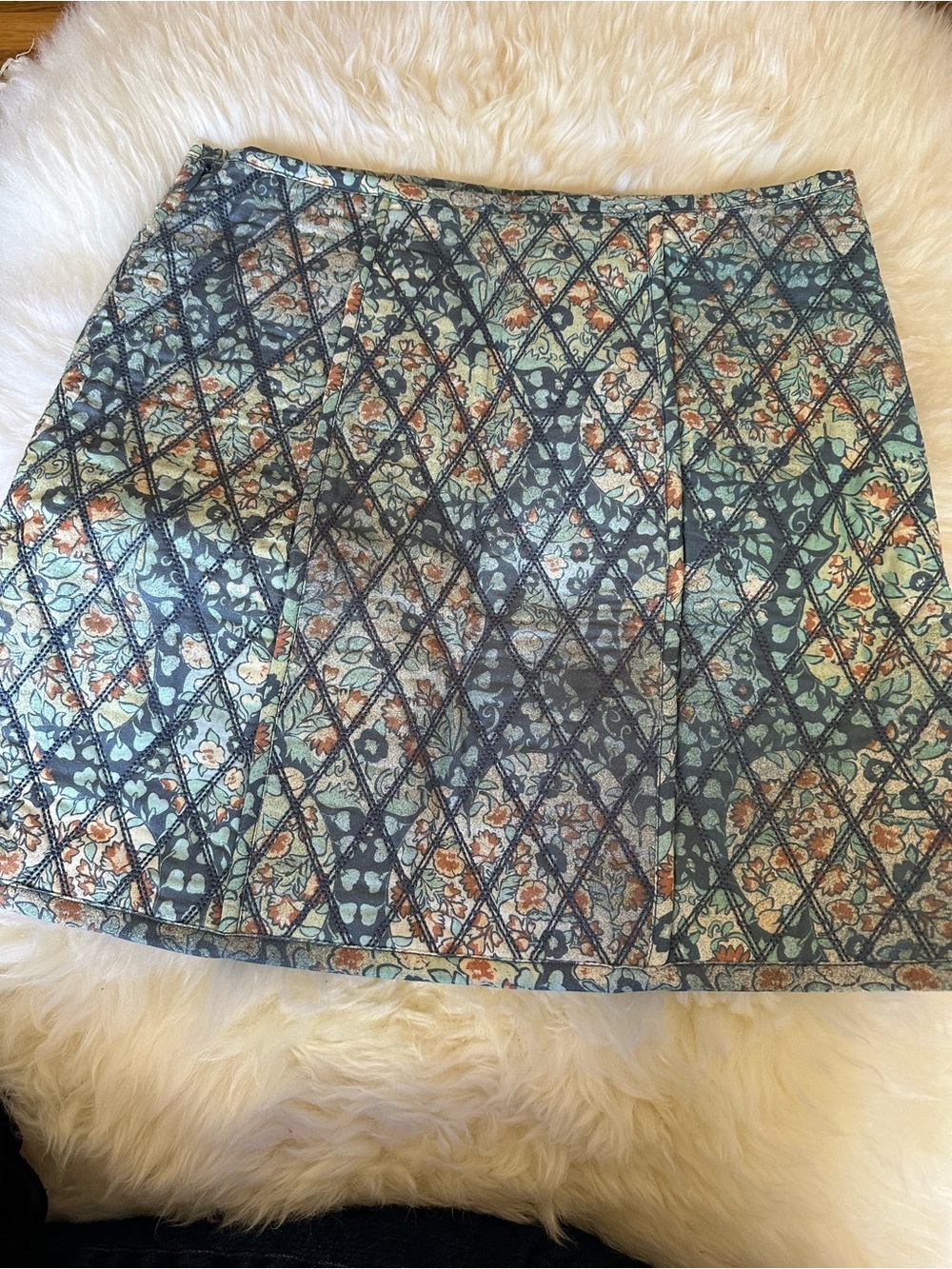 Free People Quilted Floral Mini Skirt in Teal and Coral